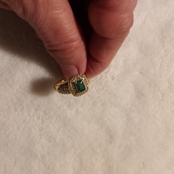 18KT Yellow Gold Natural Emerald and Diamond Halo Ring